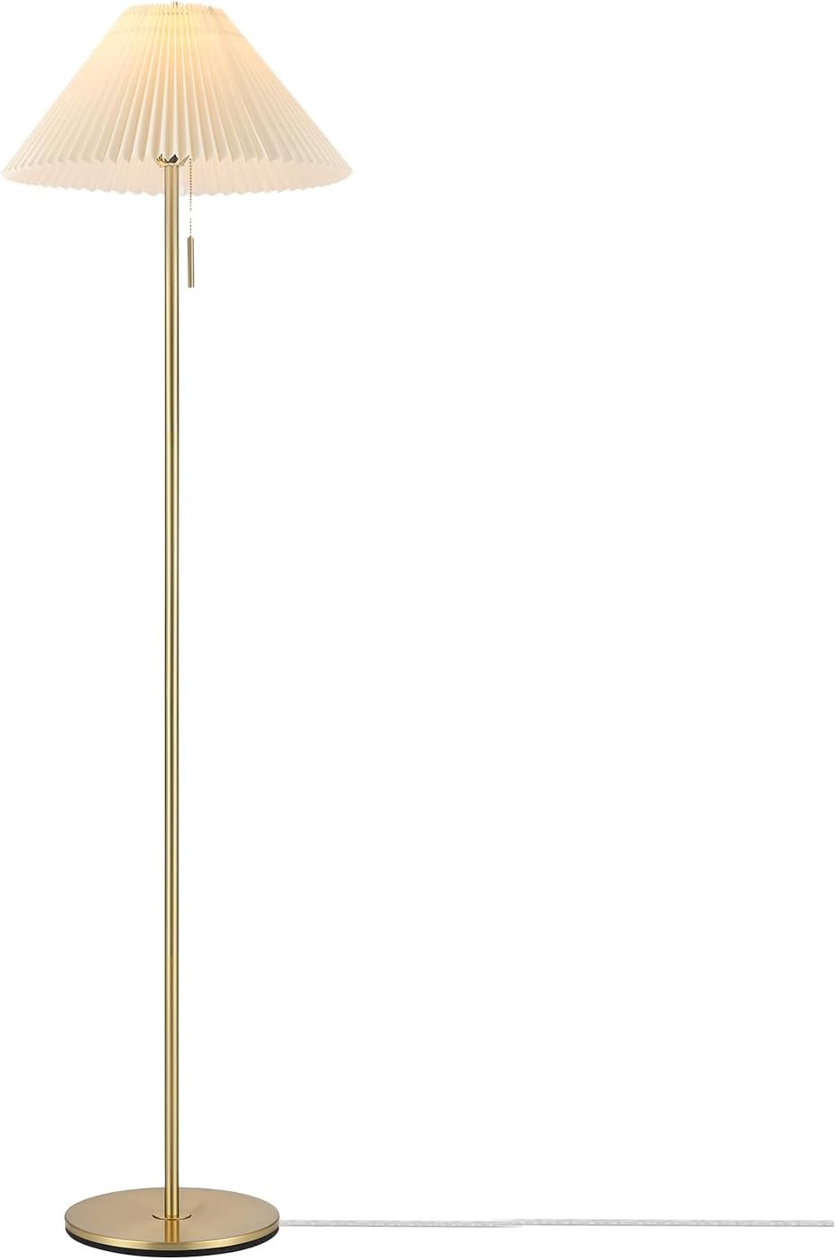 Slim brass-tone floor lamp with a pale pleated shade