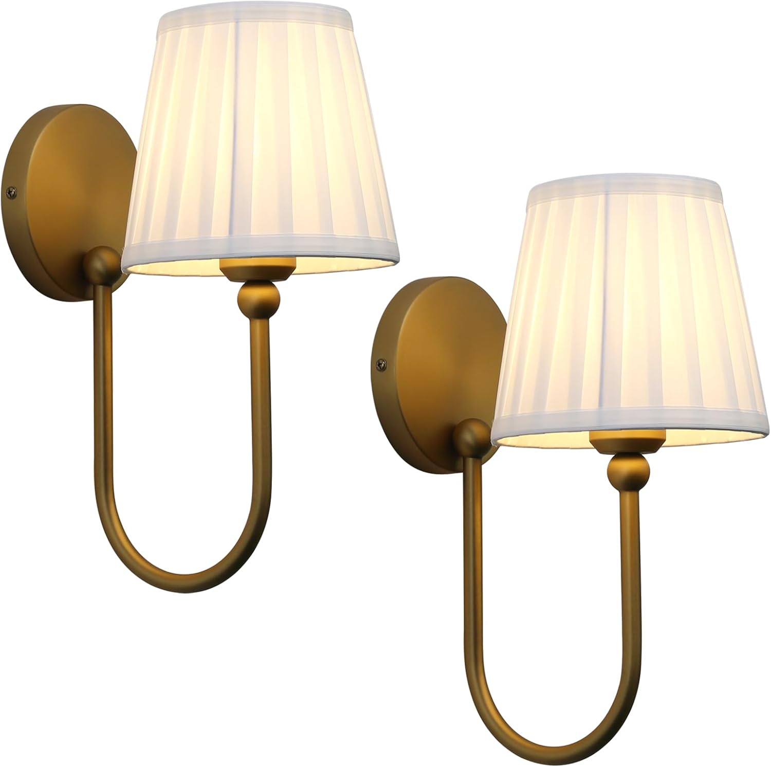 Two brass-tone wall lights with pale pleated fabric shades