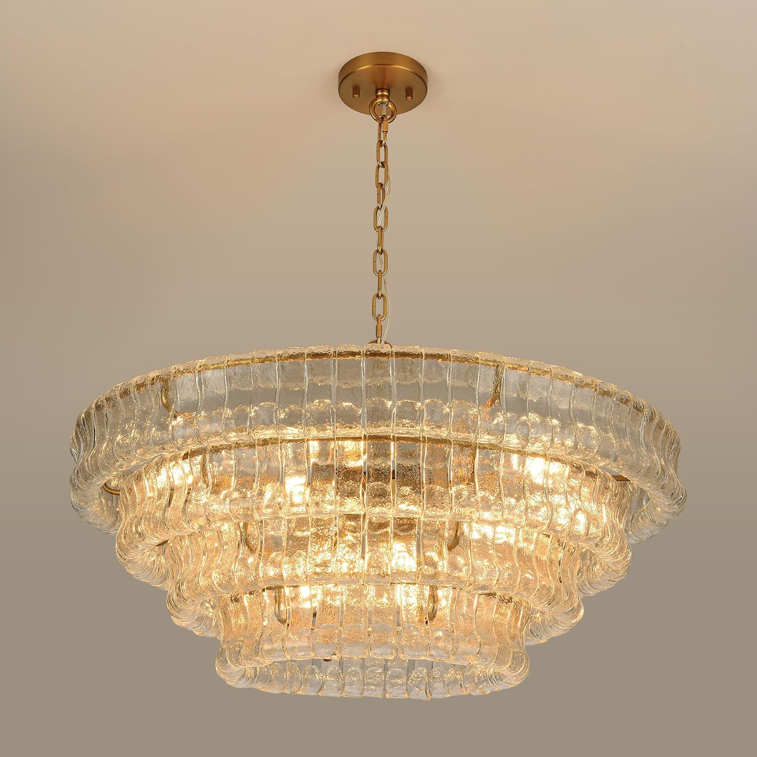 Four-tier chandelier with curved glass elements