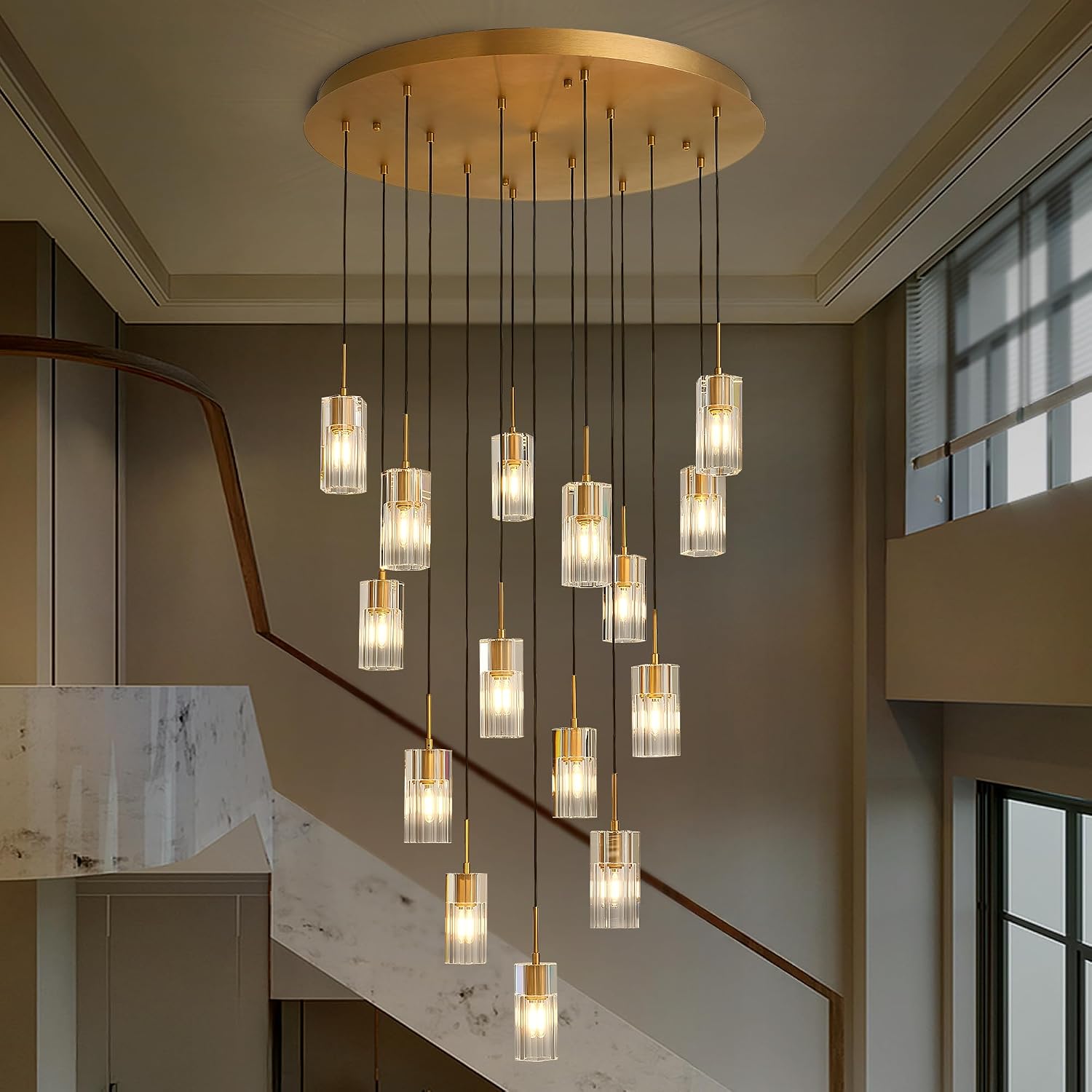 Vertical cluster of suspended cylindrical lights in a room setting